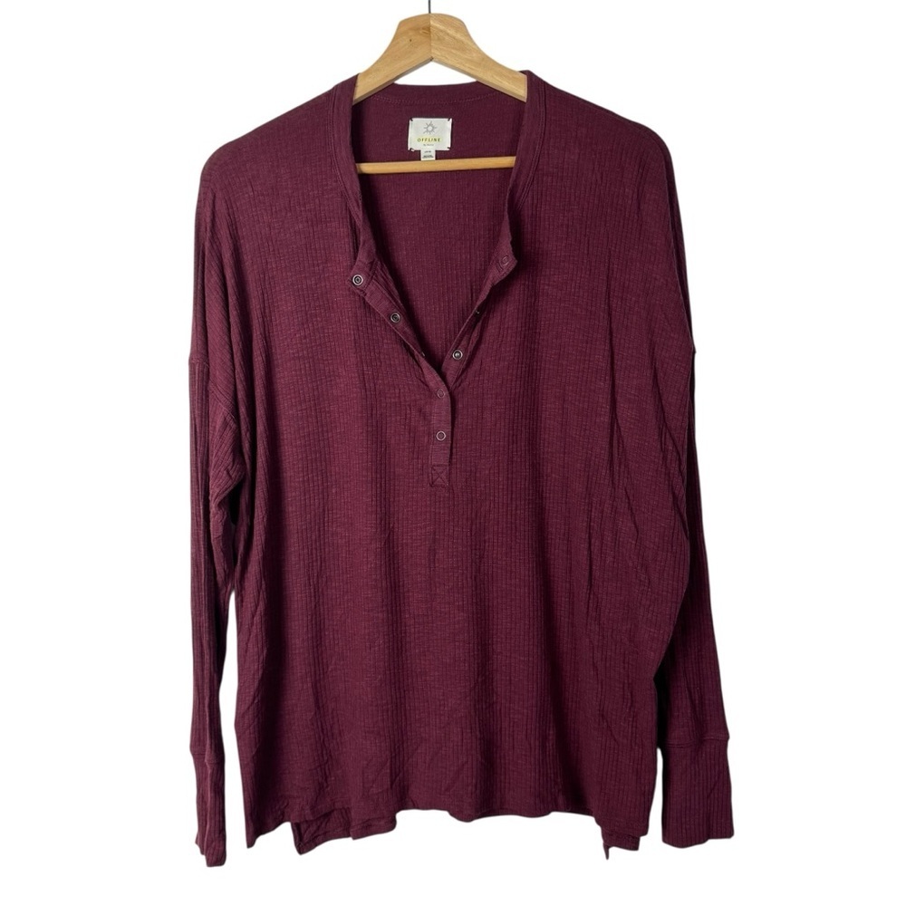 Aerie Offline Burgundy Red Ribbed Knit Relaxed Fit Henley Long Sleeve‎ T-Shirt S
